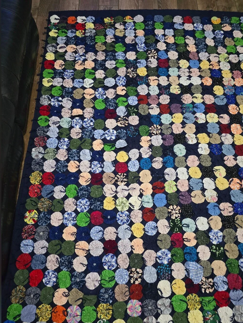 VTG Handmade YoYo Quilt Color Patchwork Dark Blue Backing Coverlet 96x86 Grandma